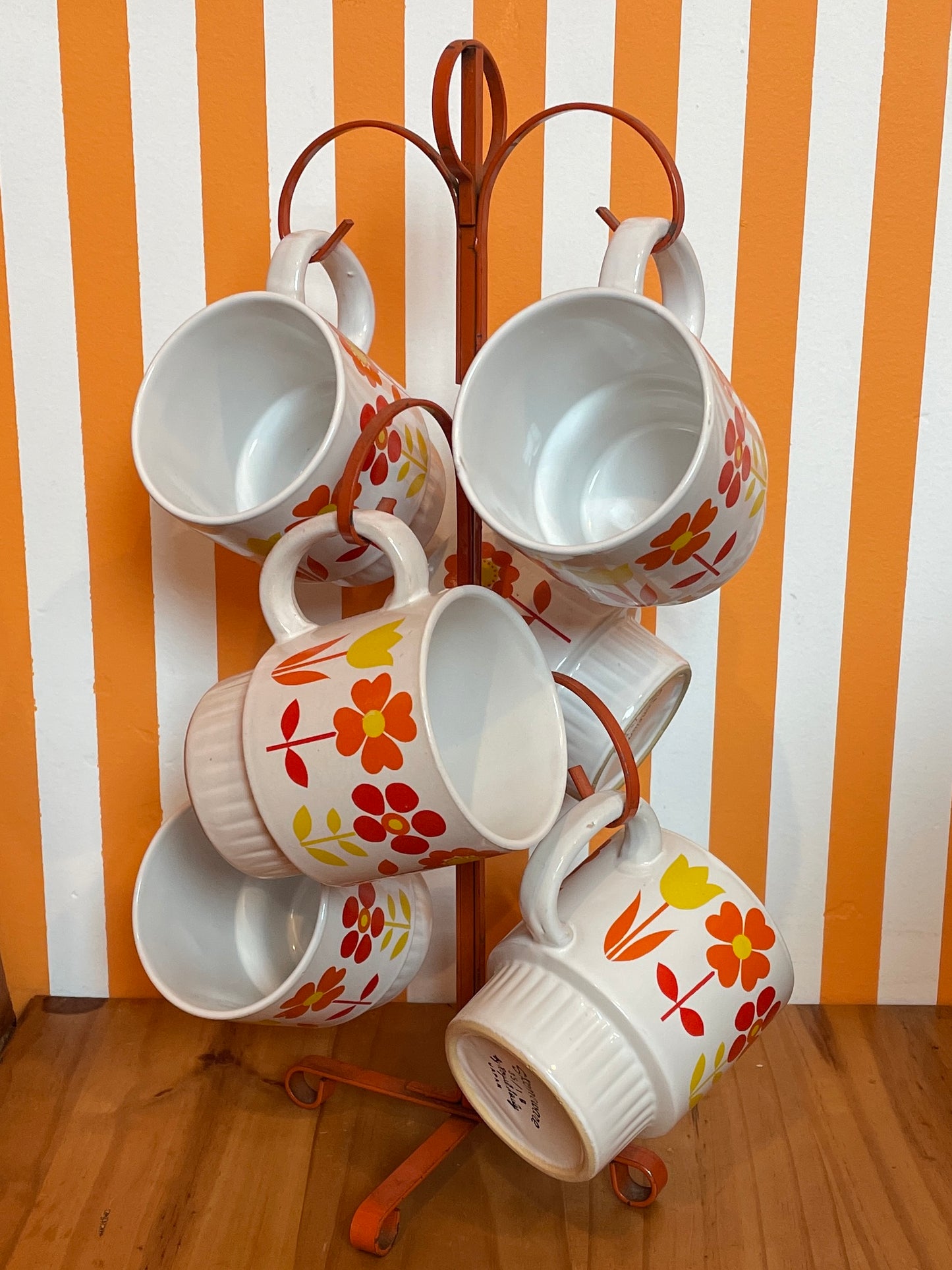 1960's Royal Sealy Stoneware Mod Flower Mug Set with Stand | Set of 6