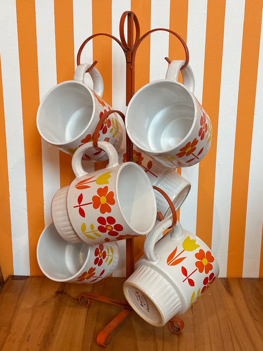 1960's Royal Sealy Stoneware Mod Flower Mug Set with Stand | Set of 6