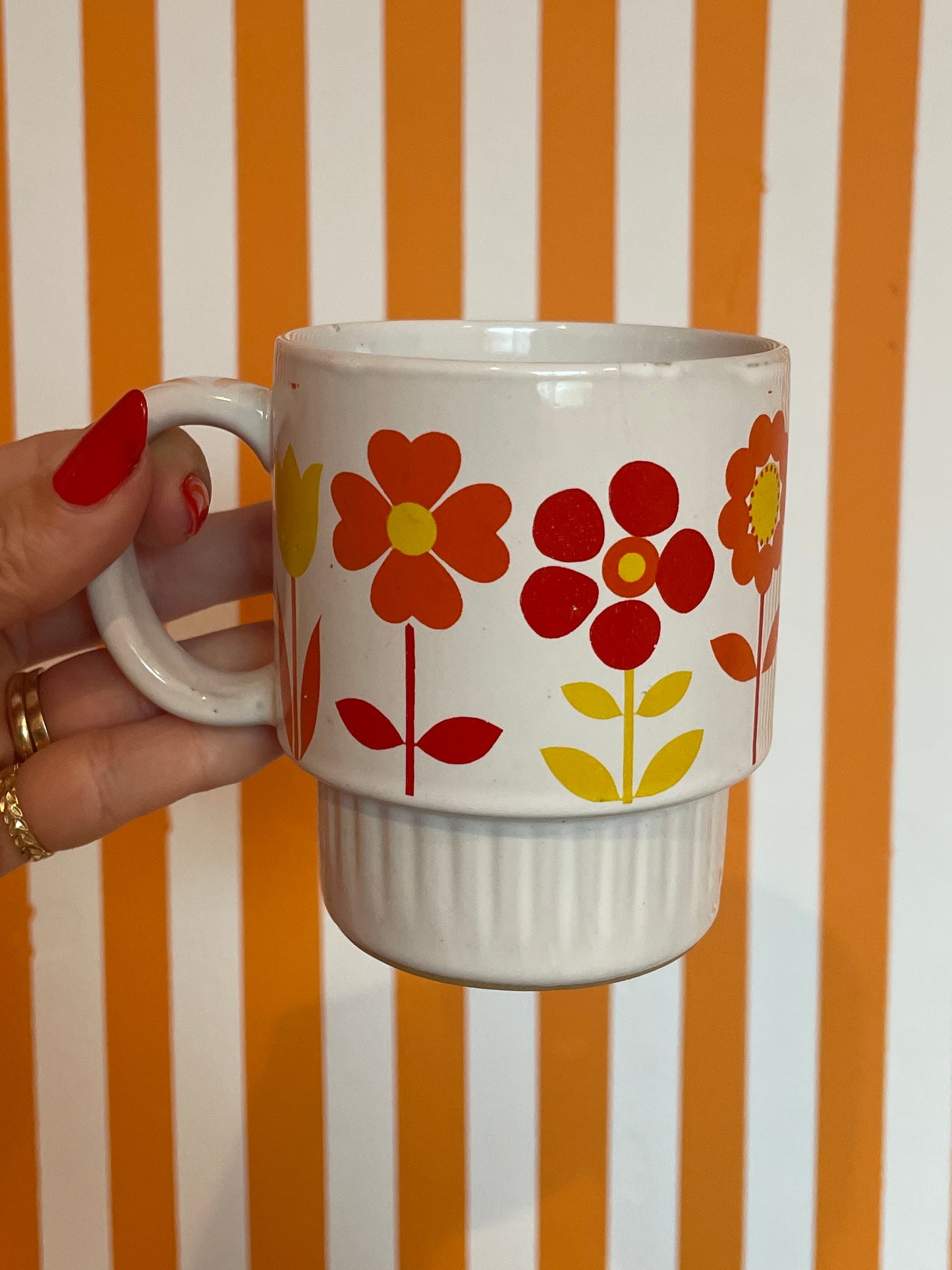1960's Royal Sealy Stoneware Mod Flower Mug Set with Stand | Set of 6