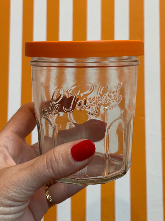 French Jam Pot Faceted Drinking Glass + Orange Lid