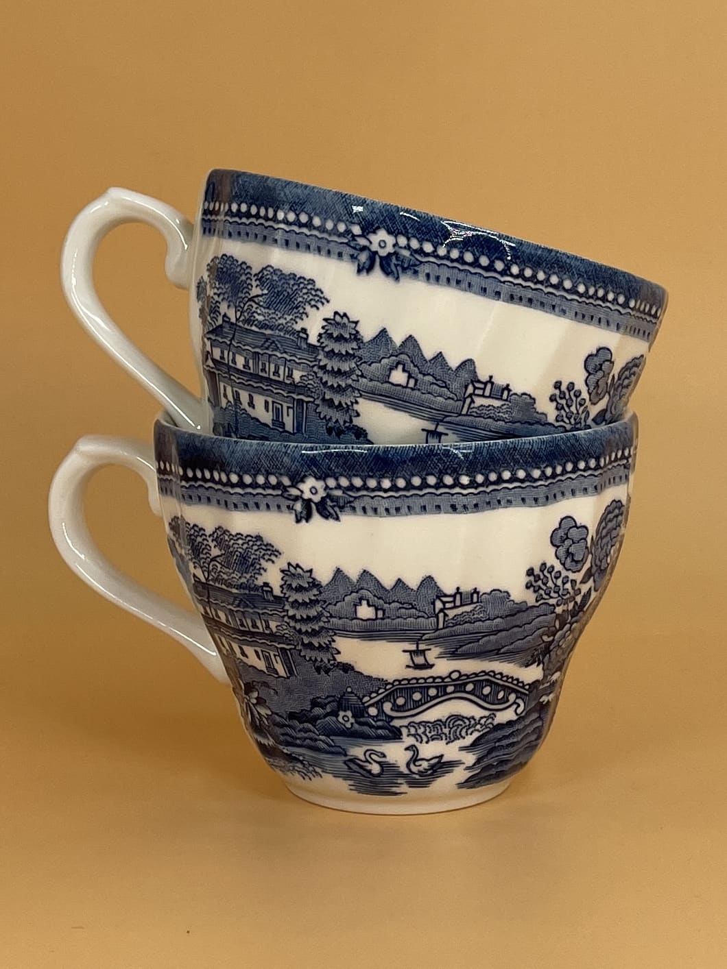 Vintage Painted Blue and White Tea Cups (Set of 2)