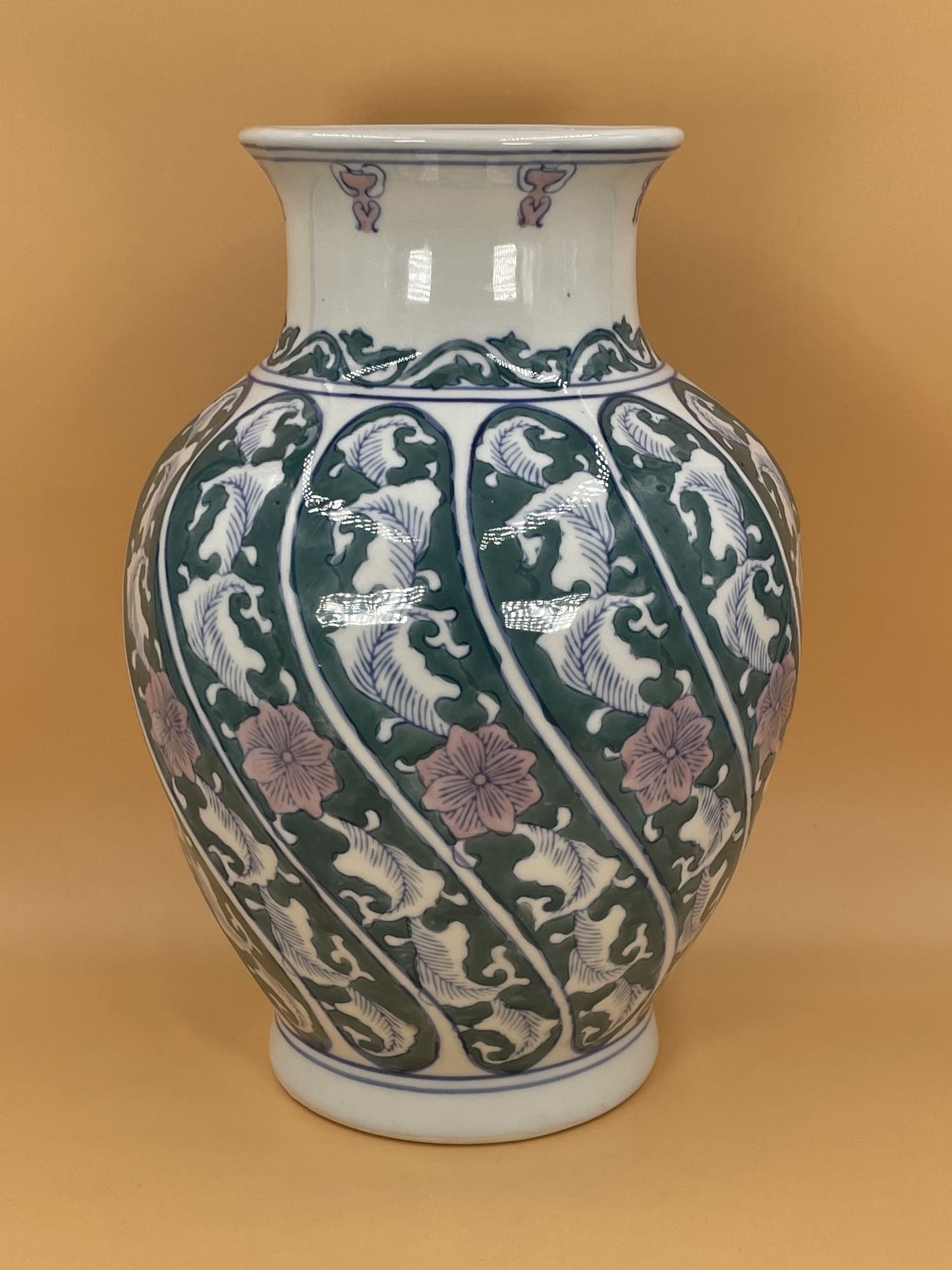 Floral White and Green Painted Vase