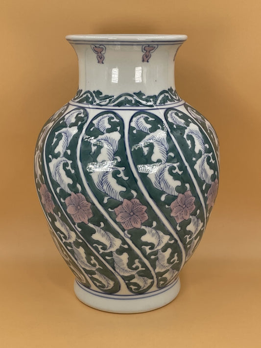 Floral White and Green Painted Vase