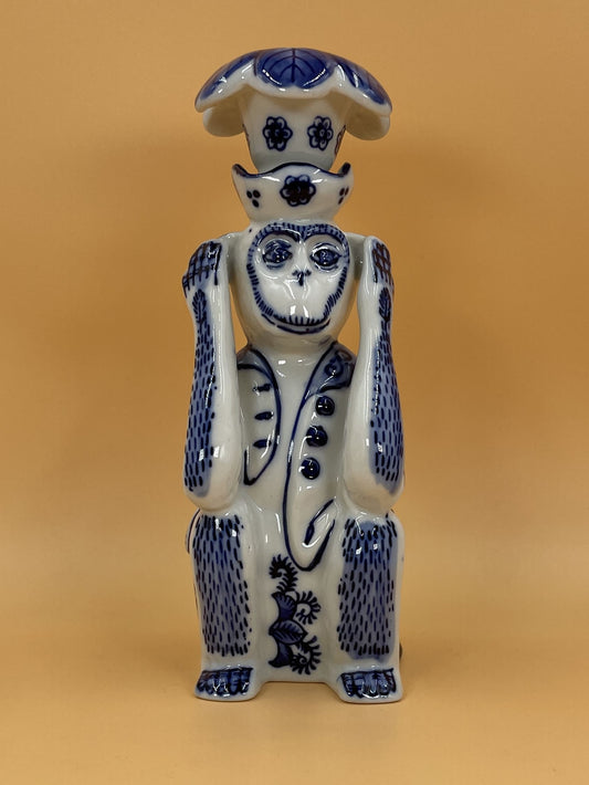 Blue and White Floral Monkey Ceramic Candle Holder