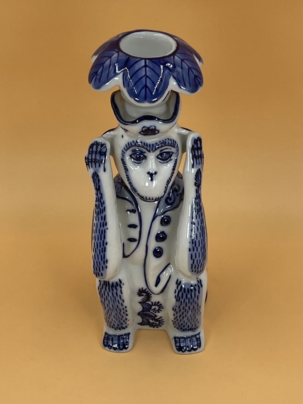 Blue and White Floral Monkey Ceramic Candle Holder