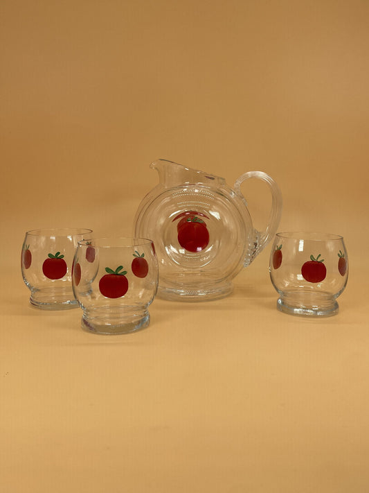 Vintage Hand-Painted Tomato Pitcher & 3 Matching Juice Glasses