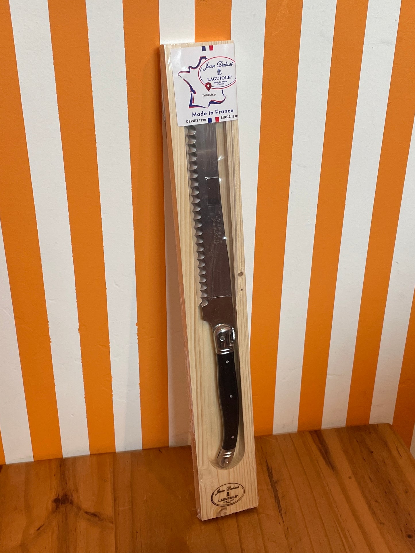 Jean Dubost Bread Knife with Black Handle in Wood Box
