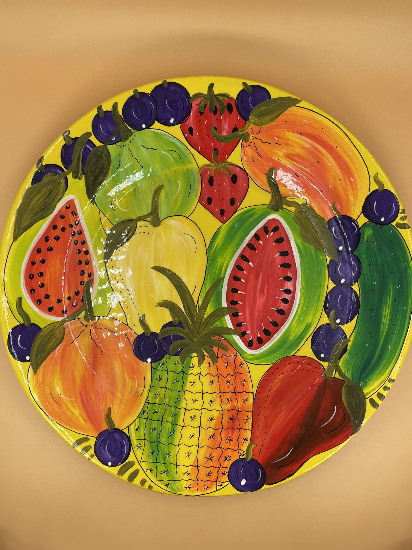 Hand-Made Painted Ceramic Yellow Serving Dish/Wall Hanging with Colorful Fruits