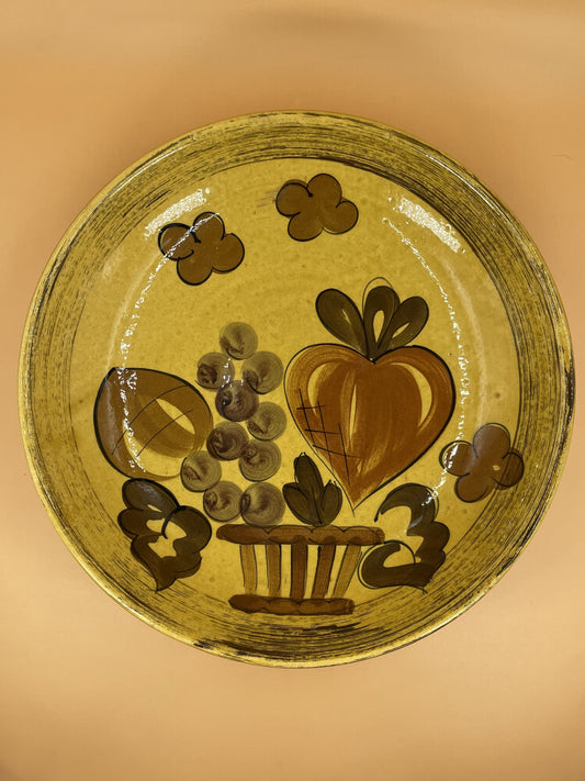 Hand-Made Ceramic Yellow Serving Dish with Neutral Painted Fruits