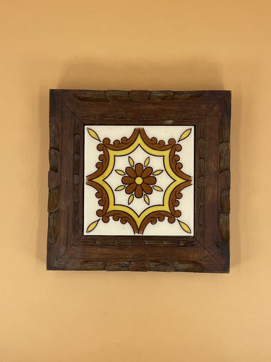 Carved Wooden Pot Rest / Trivet with Tile Center