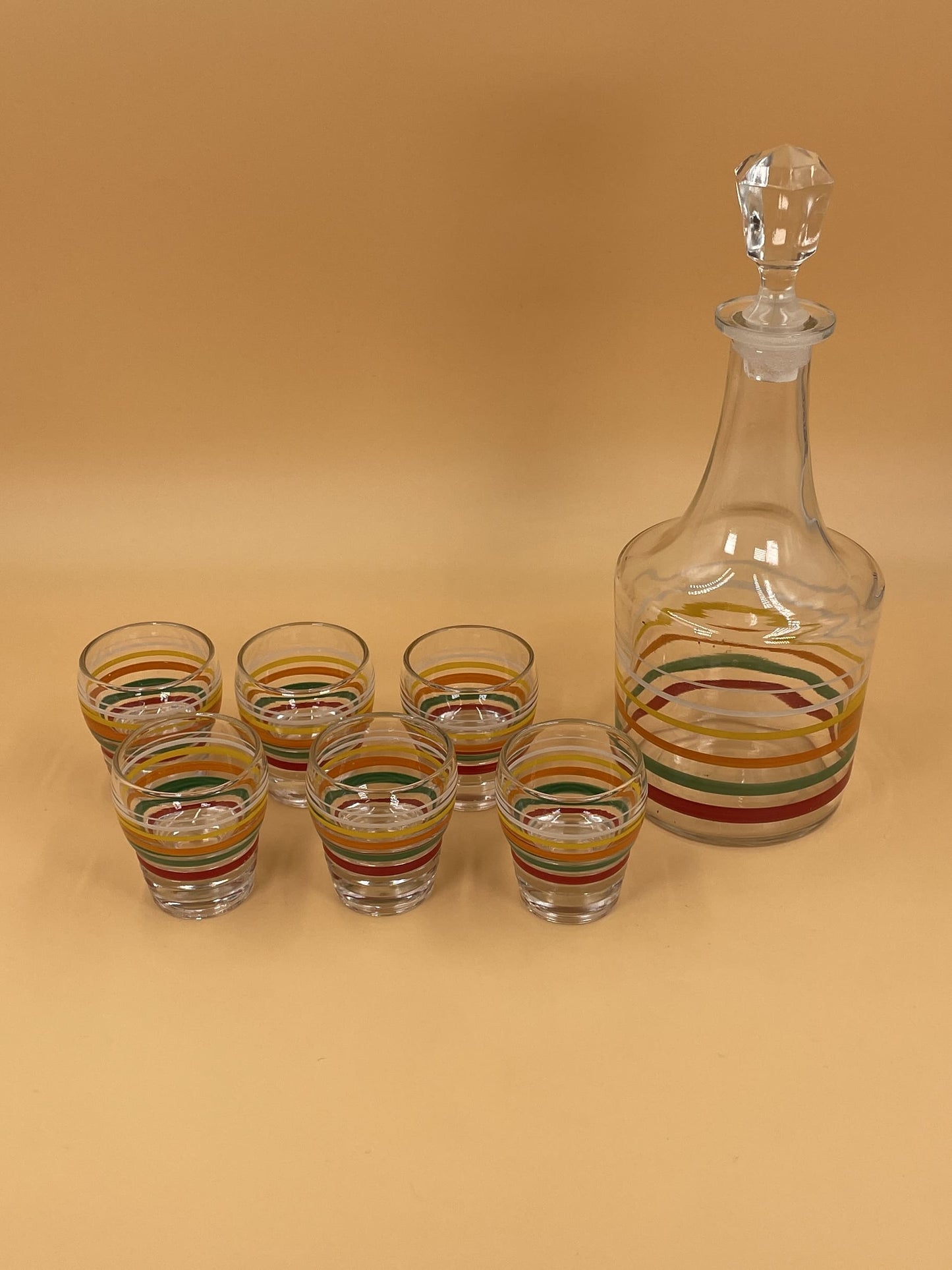 Mid-Century Rainbow Decanter and Shot Glasses