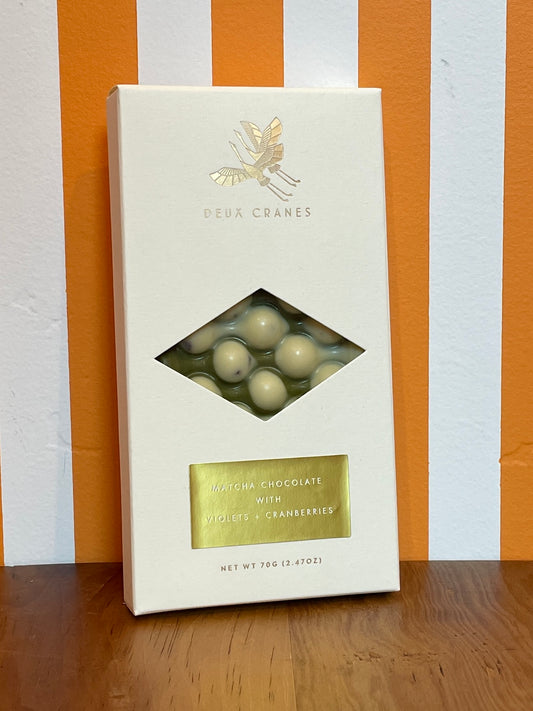 Deux Cranes Limited Edition: Matcha Chocolate with Violets + Cranberries