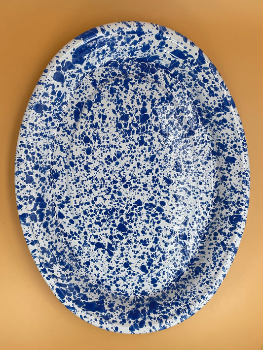 Enamelware Oval Serving Platter | Blue Splatter